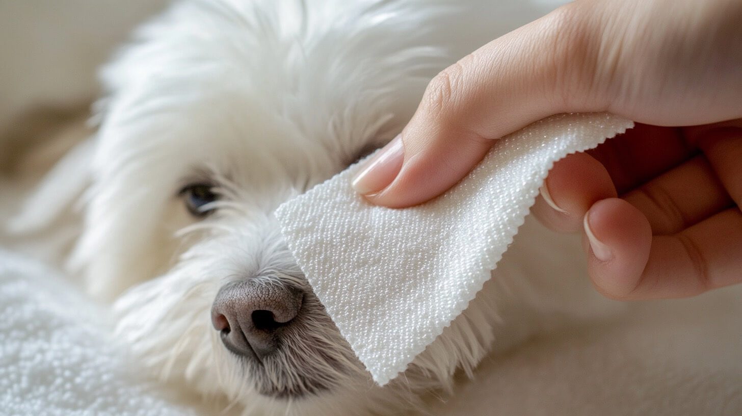 Wipe being used around a dog's eye
